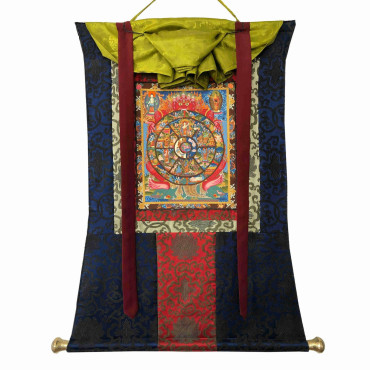 Silk Brocade Mounted 24k Gold Samsara Thangka, Wheel of Life