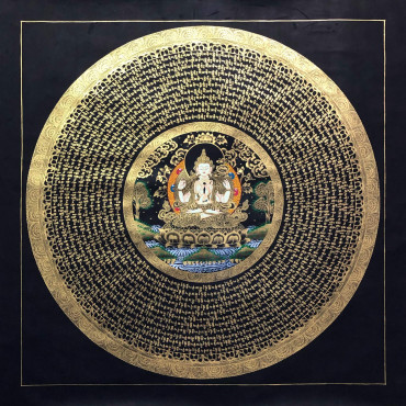 Chenrezig Mantra Mandala, Om Mani Padme Hum Mandala Thanka, Handmade Sacred Painting for Meditation