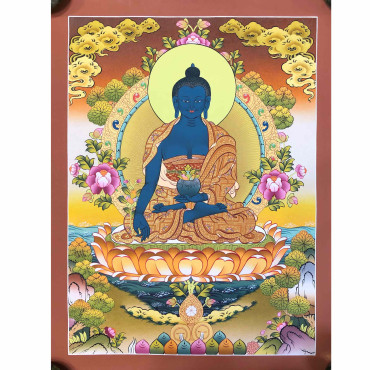 24k Gold Medicine Buddha Thangka Painting, Healing Buddha Thanka