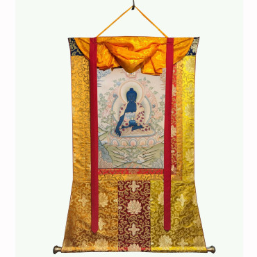Silk Brocade Mounted Master Quality 24k Gold Medicine Buddha Thangka, Healing Buddha Thangka