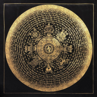 Black and Gold Auspicious Symbols Containing Thangka Painting