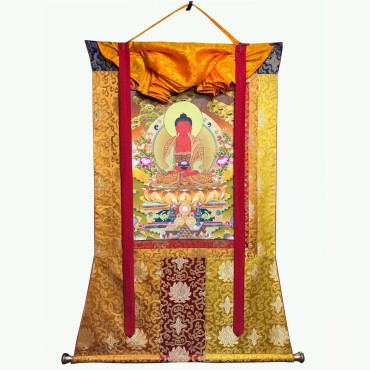 Silk Brocade Amitabha Buddha, Handmade Sacred Thangka Painting for Meditation and Good Luck to house, Tibetan Wall Decoration Painting