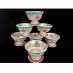Silver Carved Tibetan Offering Bowls Set