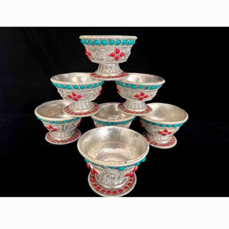 Silver Carved Tibetan Offering Bowls Set