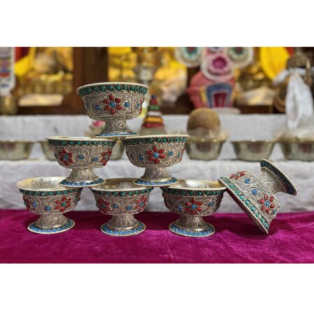 Silver Carved Tibetan Offering Bowls Set