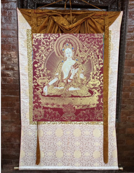 CUSTOM: Brocade Mounted White Tara and Mantra Mandala