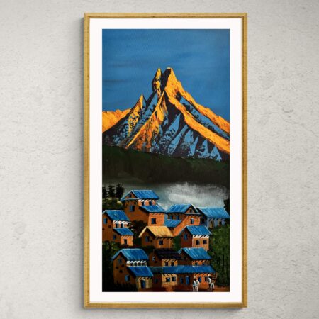 Golden Sunrise Over Machapuchare – Himalayan Village Painting
